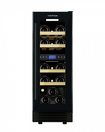 Cellar Private винный шкаф встраиваемый, двухзонный на 17 бутылок (CP017-2TB) в черном цвете.